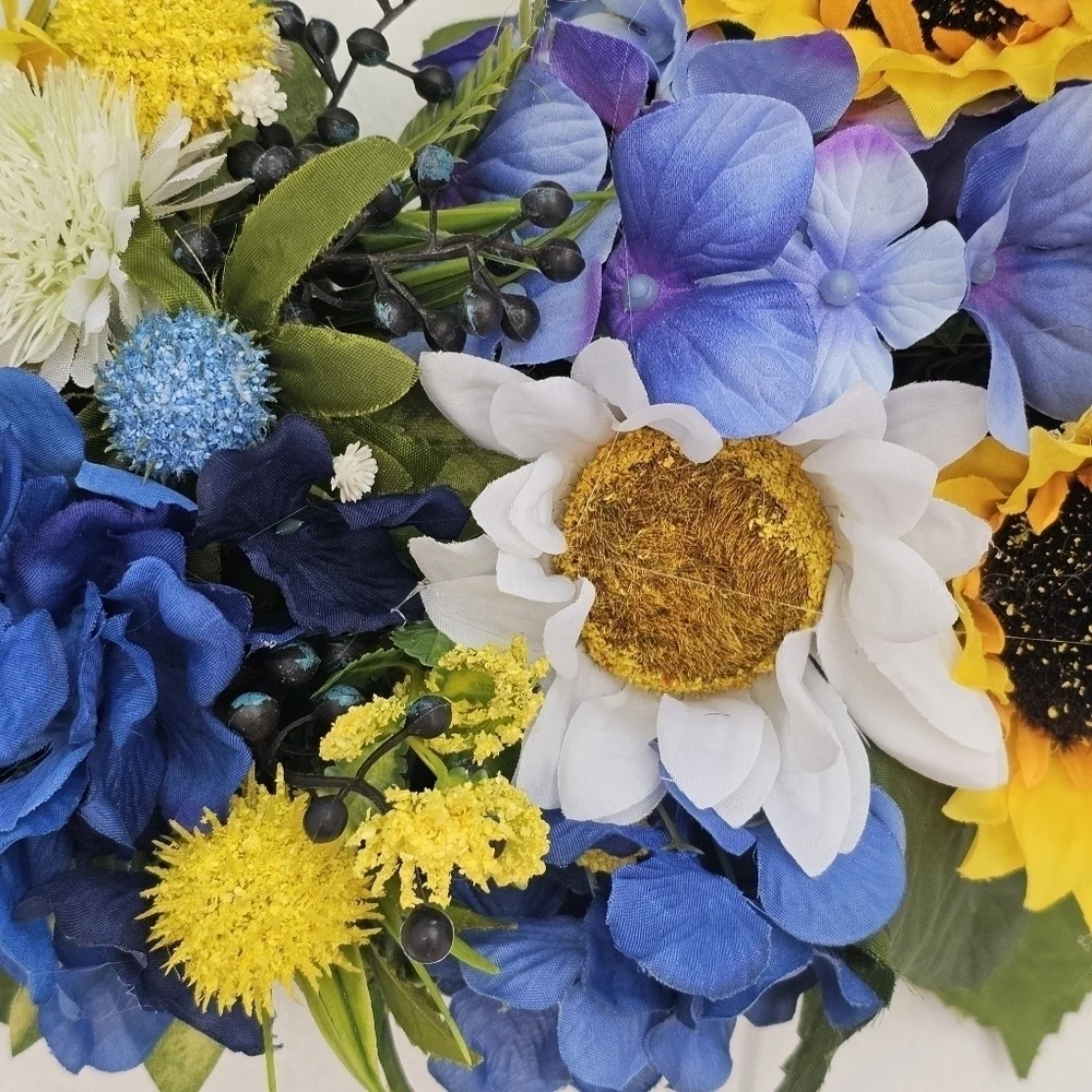 Handmade sunflower and blue hydrangea wreath for everyday, summer,spring